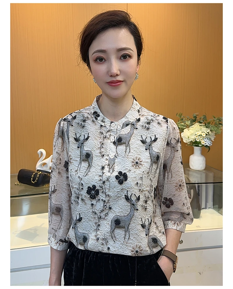【黎雪白鹿】2025夏季新款时尚印花高档中袖衬衫宽松大码上衣女