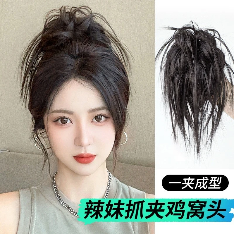 鸡窝丸子头慵懒风喷泉鸡窝高马尾辣妹丸子头头饰蓬松鸡毛抓夹假发