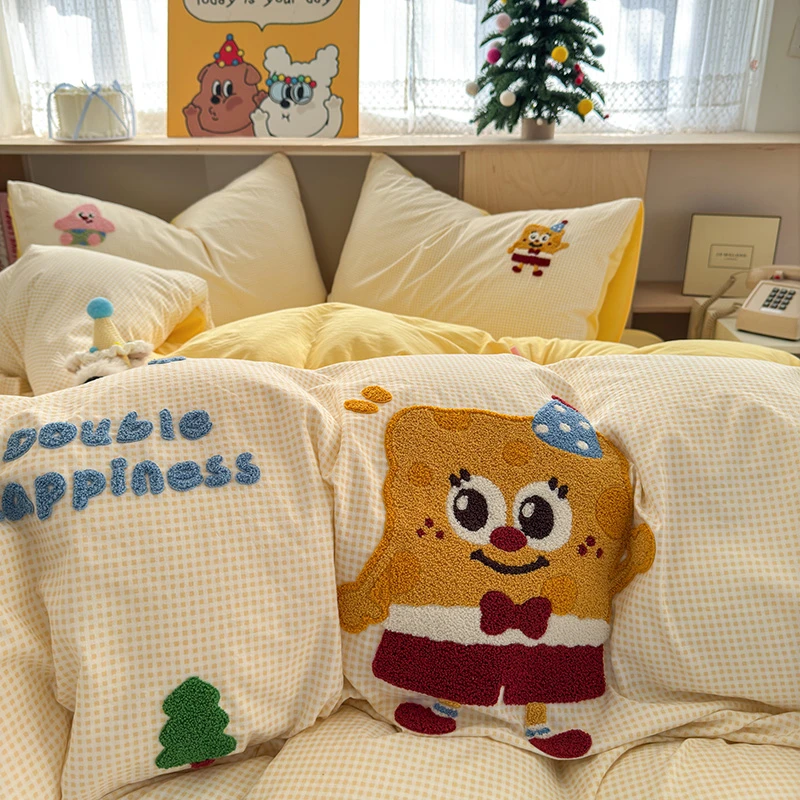 可爱水洗棉毛巾绣四件刺绣套被套被罩单人学生宿舍三件套床上用品