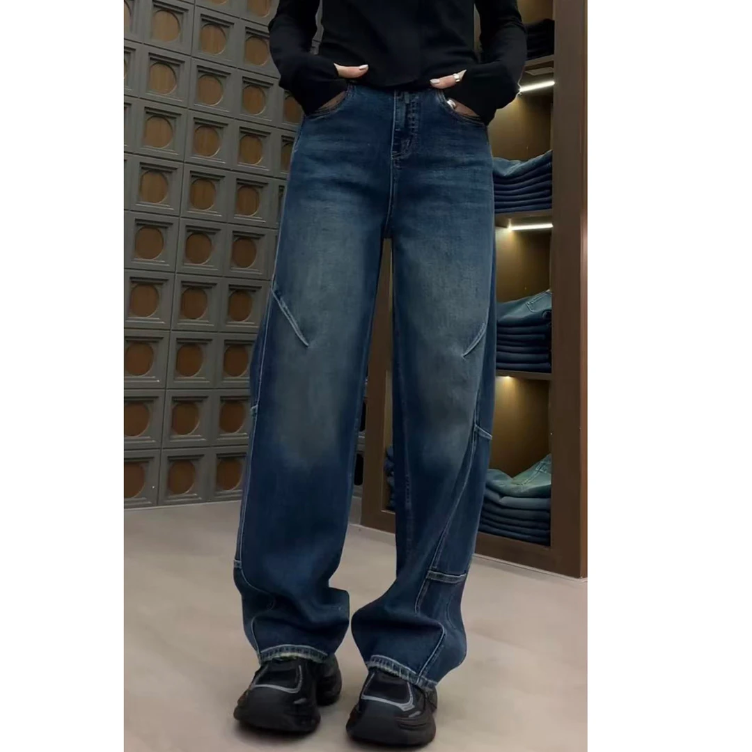 艾塔莉设计感宽松复古美式拼接洗水宽松阔腿裤气质百搭高腰牛仔裤