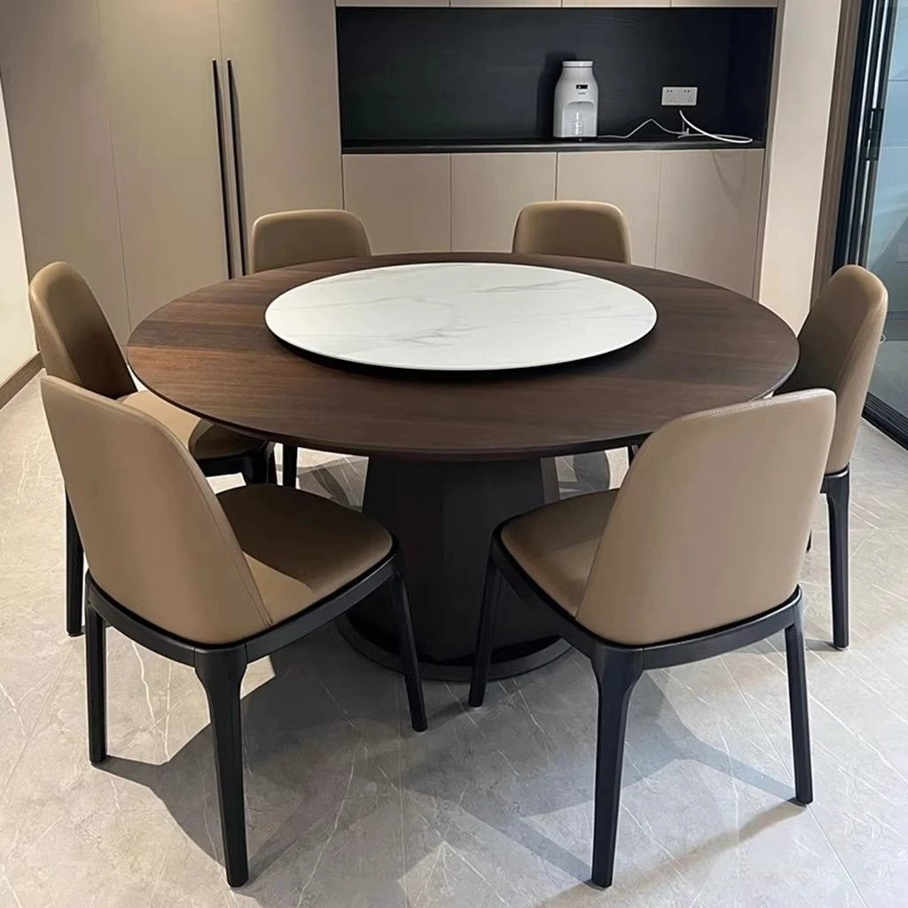 2025全新款家用北欧实木圆形餐桌椅组合带岩板转盘意式极简现代家