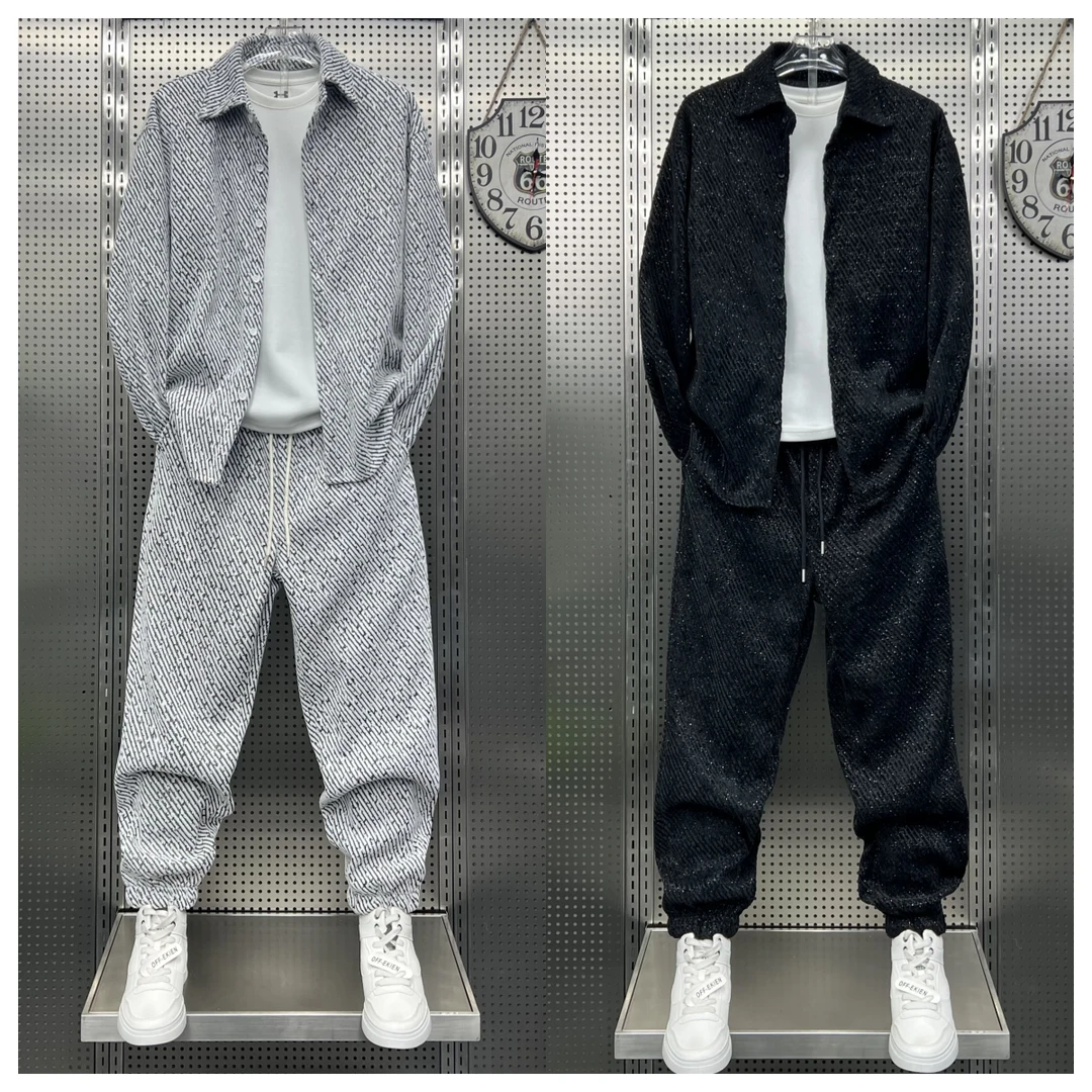 春季慵懒风斜条纹翻领衬衫长裤两件套男潮牌宽松百搭休闲运动套装