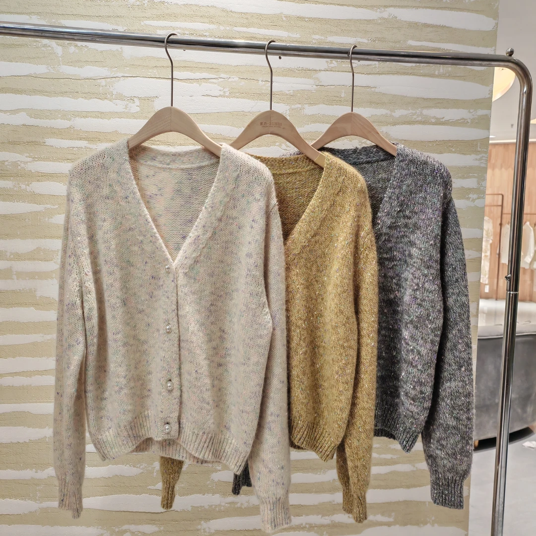 春秋新款彩纱V领珍珠扣开衫羊毛毛衣  MJTY-35996