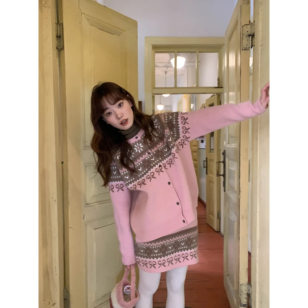 费尔岛北欧风提花毛衣针织半身裙套装女秋冬宽松上衣短裙两件套