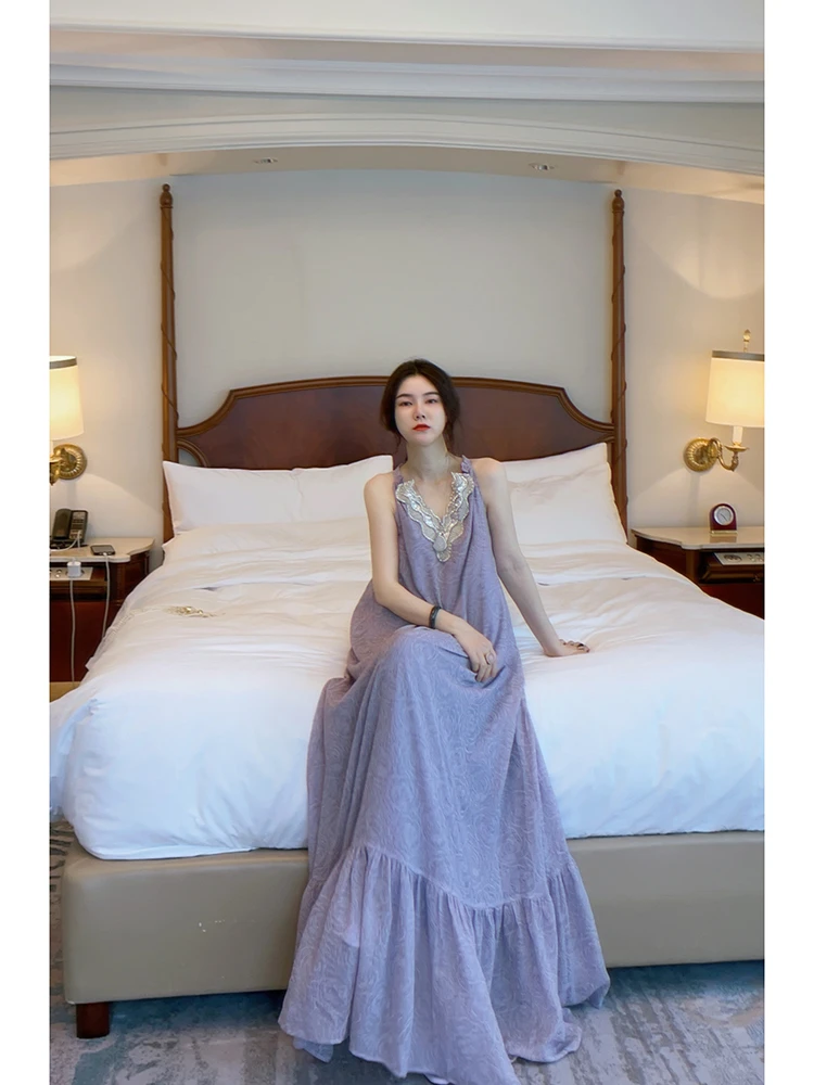 yanyan【赫拉小姐】法式重工钉珠v领显瘦无袖连衣裙女度假长裙