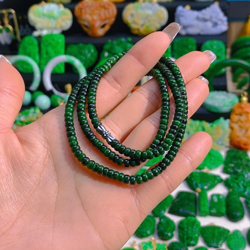 【闪购商品】翡翠颈饰未镶嵌辣绿算盘珠项链