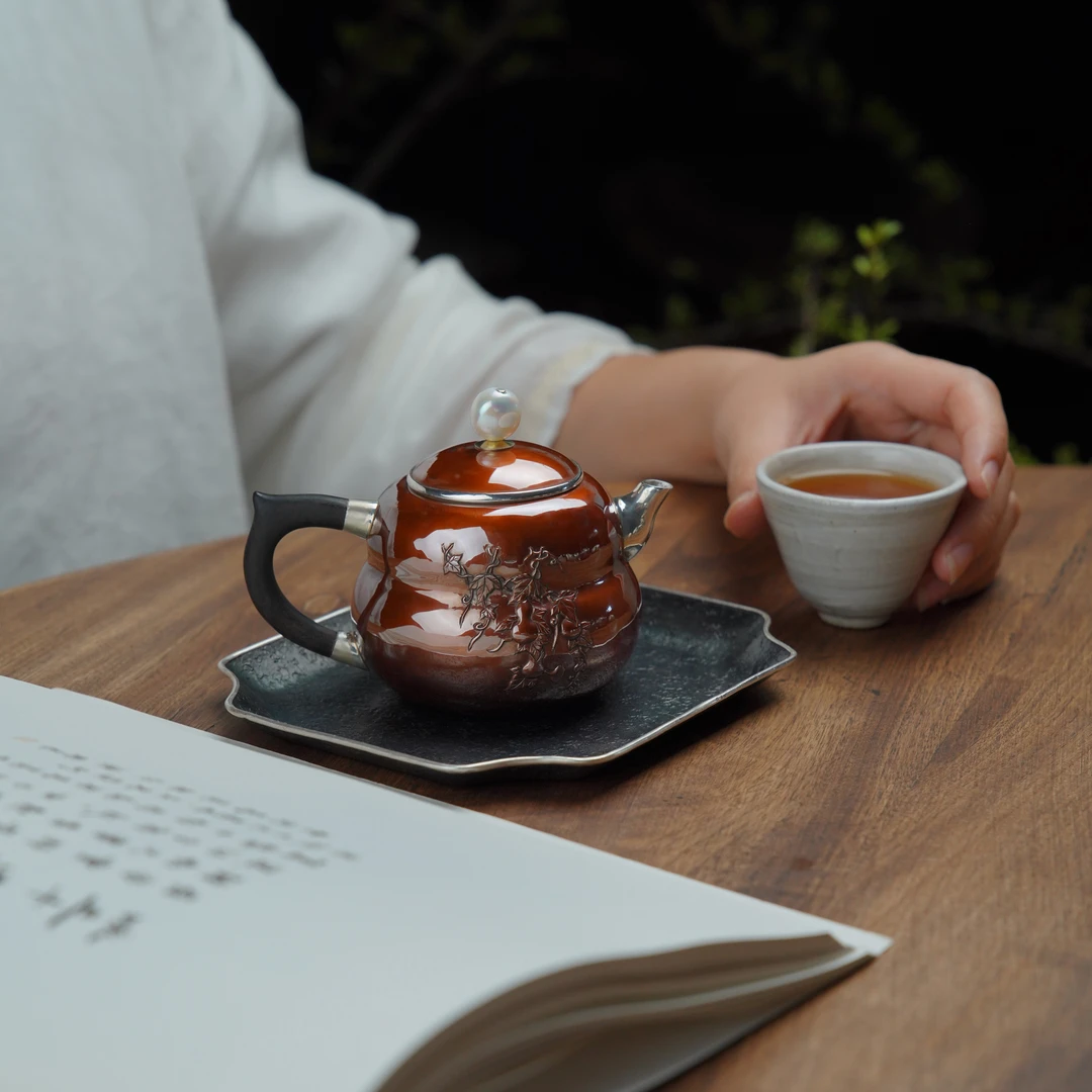 铜包银珍珠钮浮雕葫芦泡茶壶足银999小泡壶手工锻打防烫滤网证书