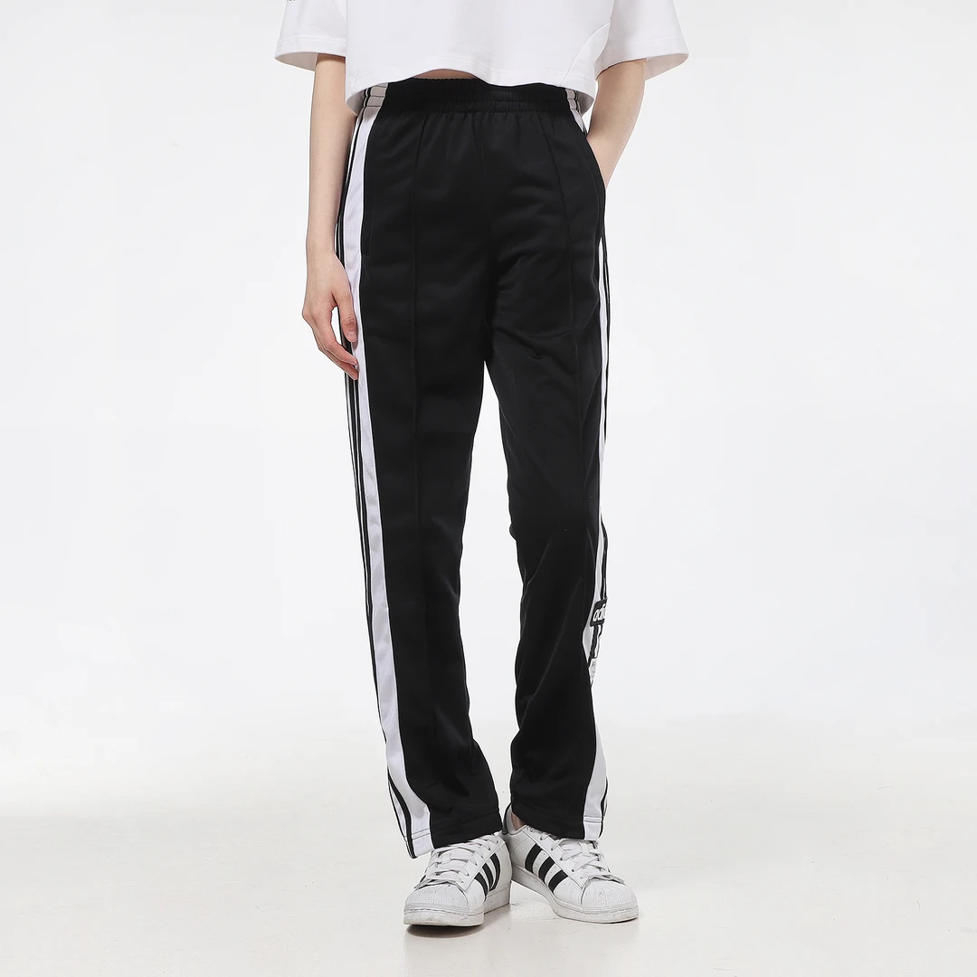 阿迪达斯三叶草女裤撞色拼接三条纹侧开排扣阔腿休闲裤长裤GN2807