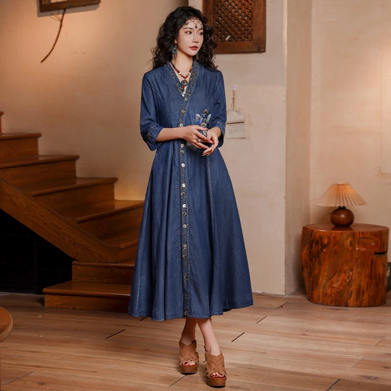 【可可原创】2025春复古V领七分袖牛仔裙修身气质小众连衣裙A82723