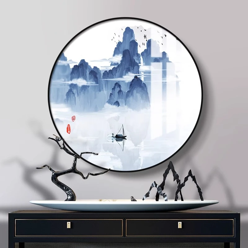 水墨山青山水画国画新中式背景墙壁画圆形装饰画客厅餐厅卧室挂画