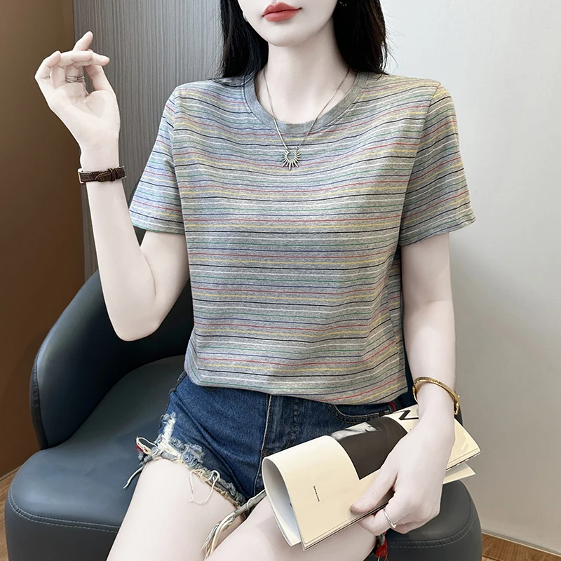高端条纹短袖T恤女2025年新款圆领宽松显瘦女士洋气减龄时尚半袖