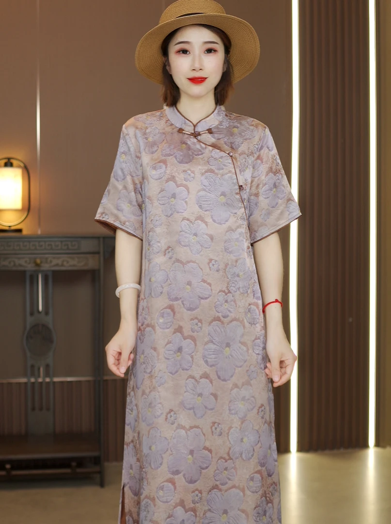 【锦婉】新中式花罗香云纱 桑蚕丝提花复古优雅中长款改良旗袍