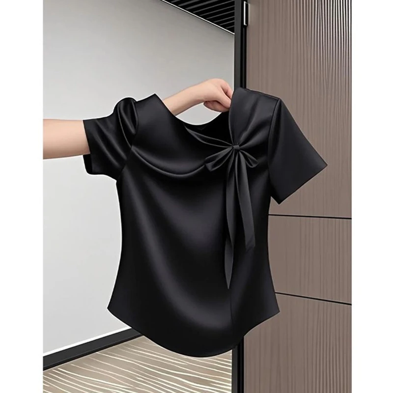 夏季新款短袖上衣女2025设计感蝴蝶结纯色收腰显瘦百搭休闲T恤女