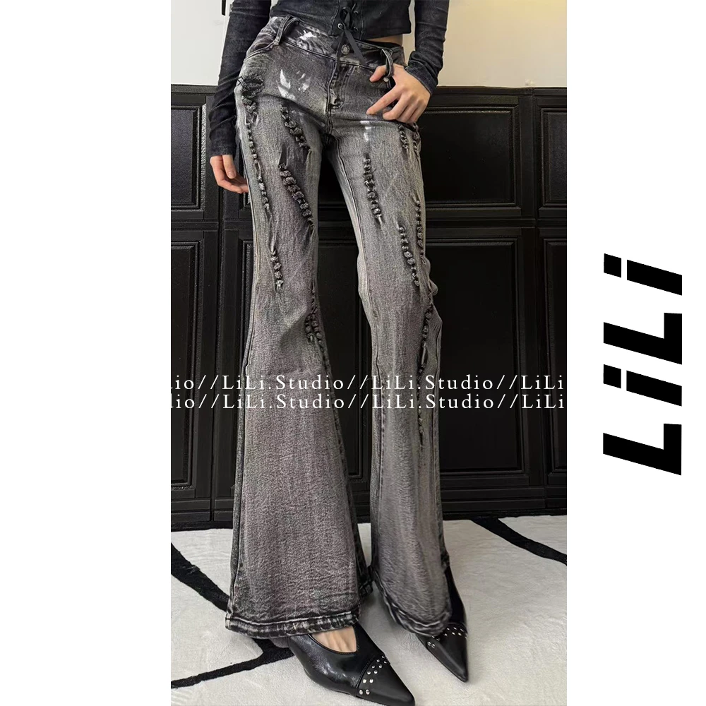 【李里家】欧美风女装时尚新款复古微喇磨损破洞设计牛仔裤