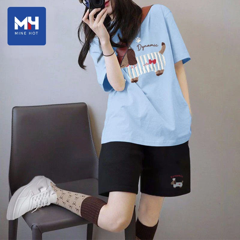 唐狮集团MH蓝色休闲运动套装女2025新款夏季学生短袖短裤套装P