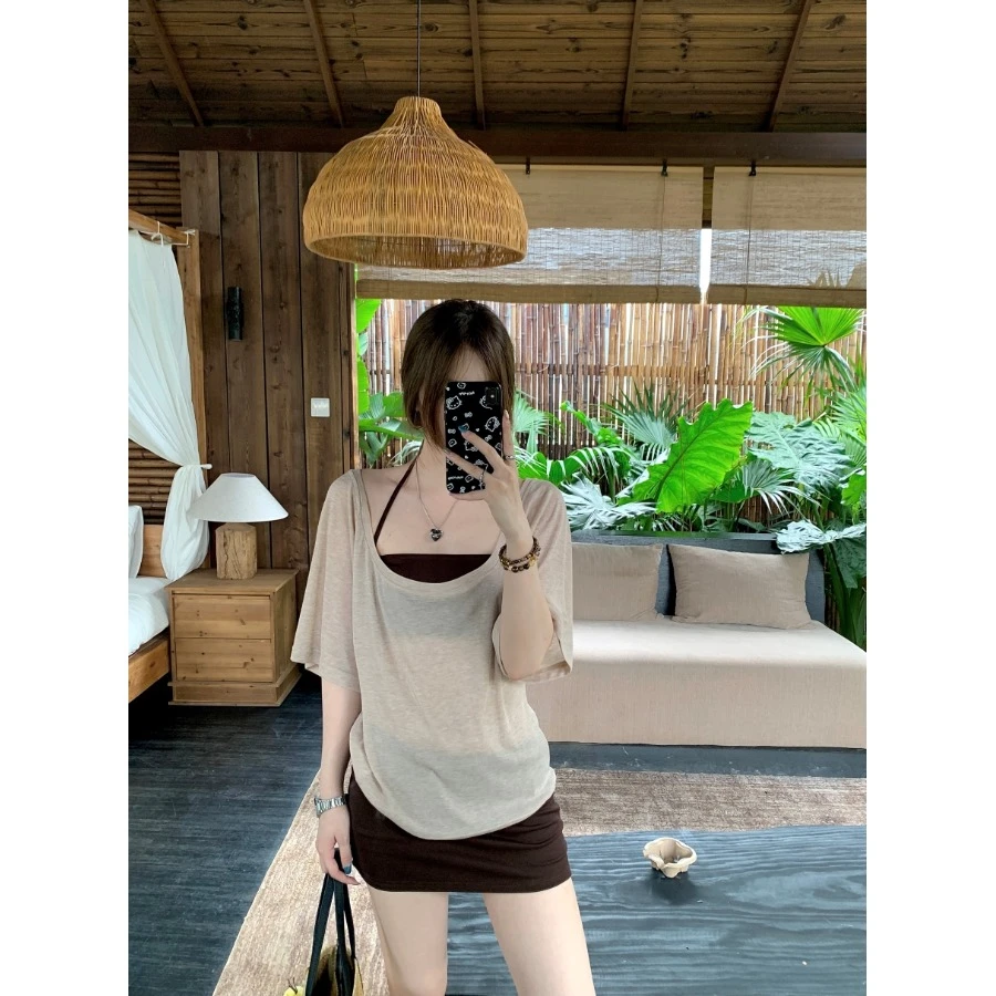 kumikumi甜辣妹套装微透短袖T恤女内搭抹胸夏季高腰半身裙三件套