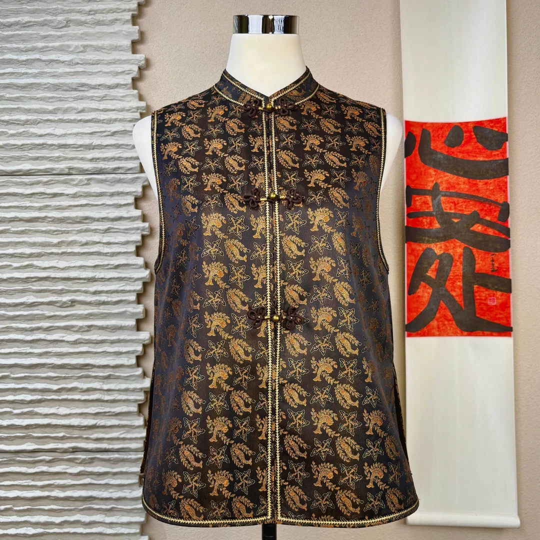 【年年有鱼】桑蚕丝中式国风百搭立领手工一字扣无袖女士马夹250835