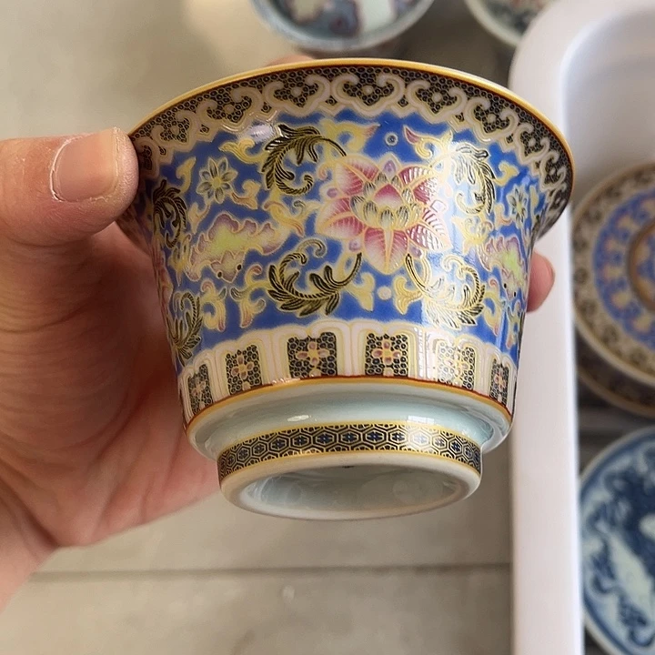 摆件景德镇蓝珐琅彩两才马蹄盖碗