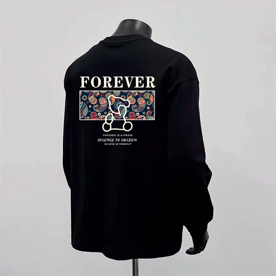 男秋季长袖T恤国风印花宽松圆领ins潮牌百搭重磅纯棉打底衫上衣