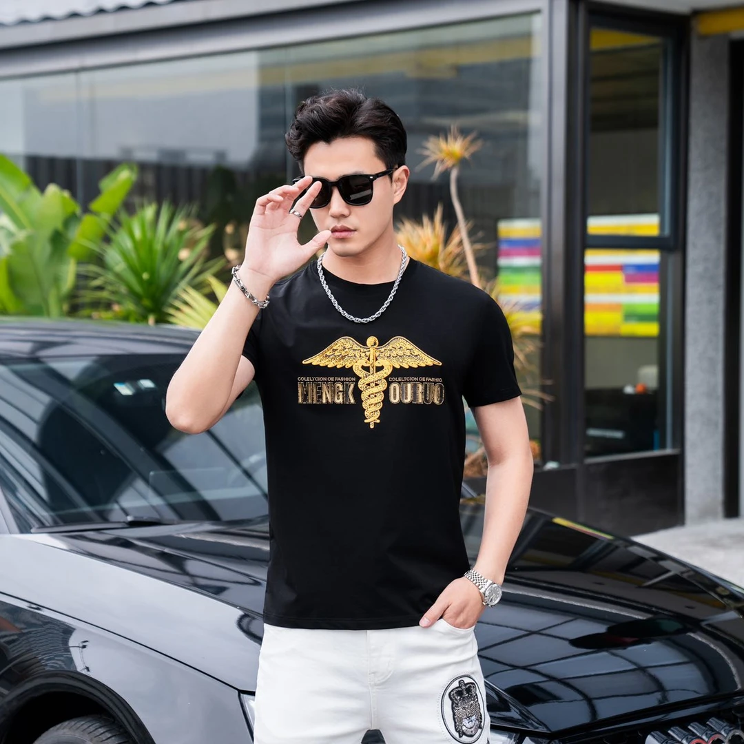 2025夏季新款男士圆领短袖T恤刺绣蛇潮流修身轻奢百搭时尚帅H2561