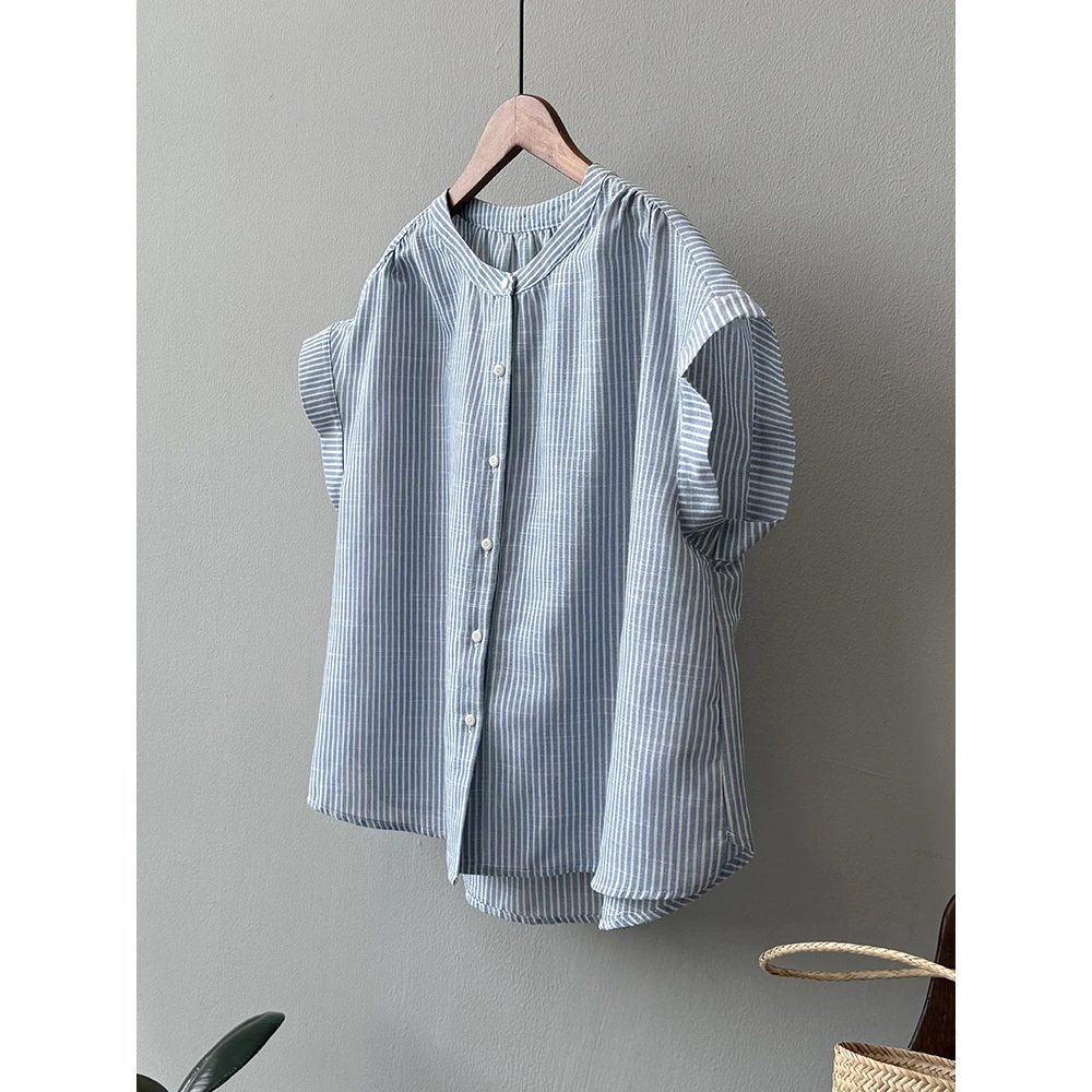 上身是真的好美！浅蓝色圆领短袖衬衫女夏季新款显瘦气质百搭上衣