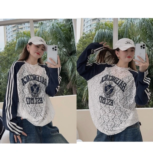 佟掌柜-蕾丝防晒 圆领设计款百搭休闲印花蕾丝拼接T恤