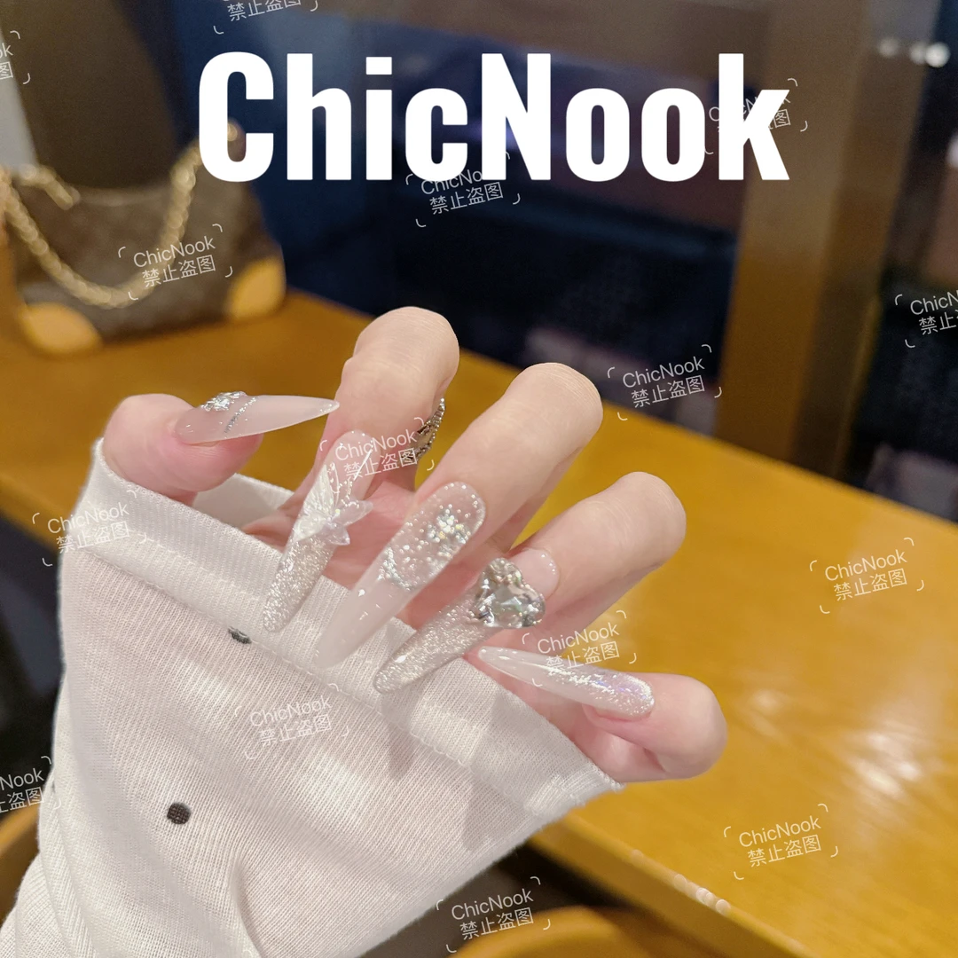 ChicNook·【星芒气泡】|美甲纯欲爆闪裸粉冰透蝴蝶K9穿戴甲