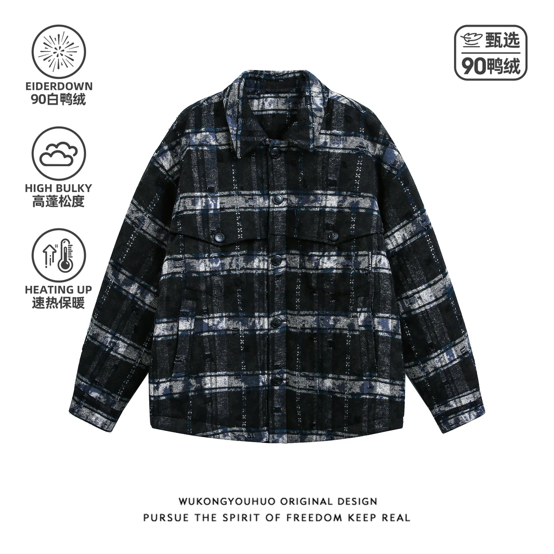 悟空有货美式破洞扎染撞色羽绒服衬衫男女冬季90鸭绒保暖加厚外套