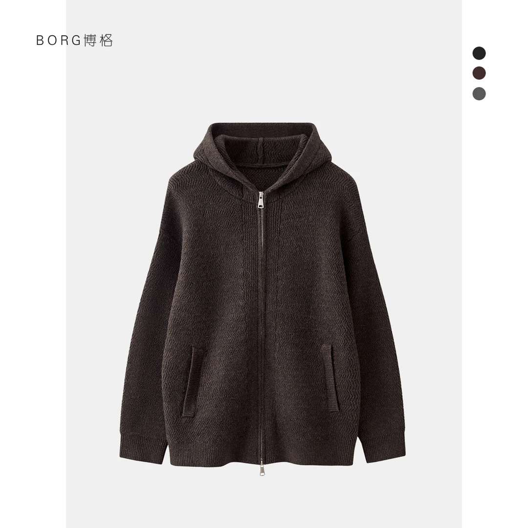 设计款双拉链连帽毛衣男冬季休闲针织打底衫简约百搭男士保暖外套