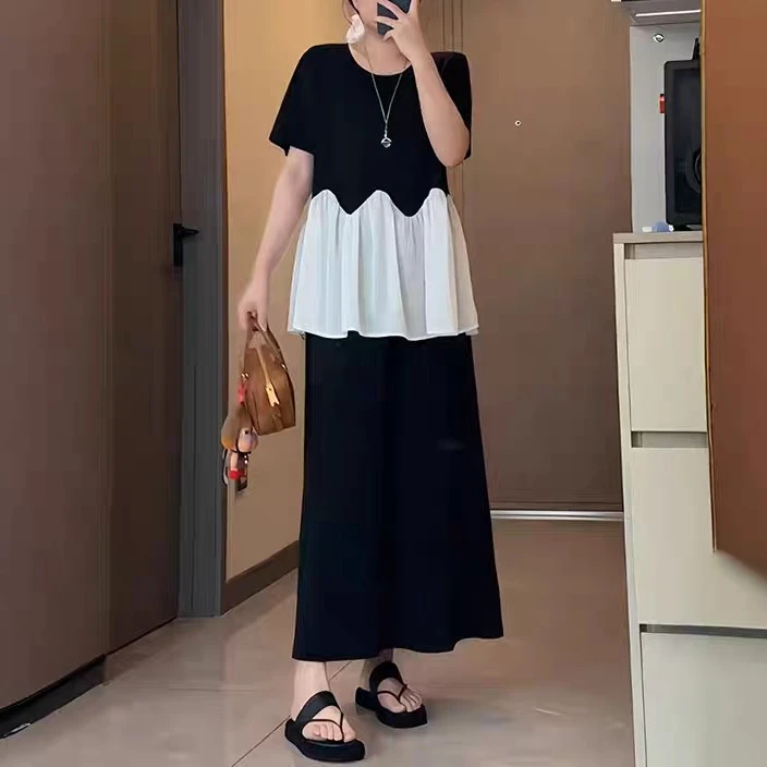 欧货新款大码胖妹妹显瘦短袖上衣＋中长款半身裙子两件套