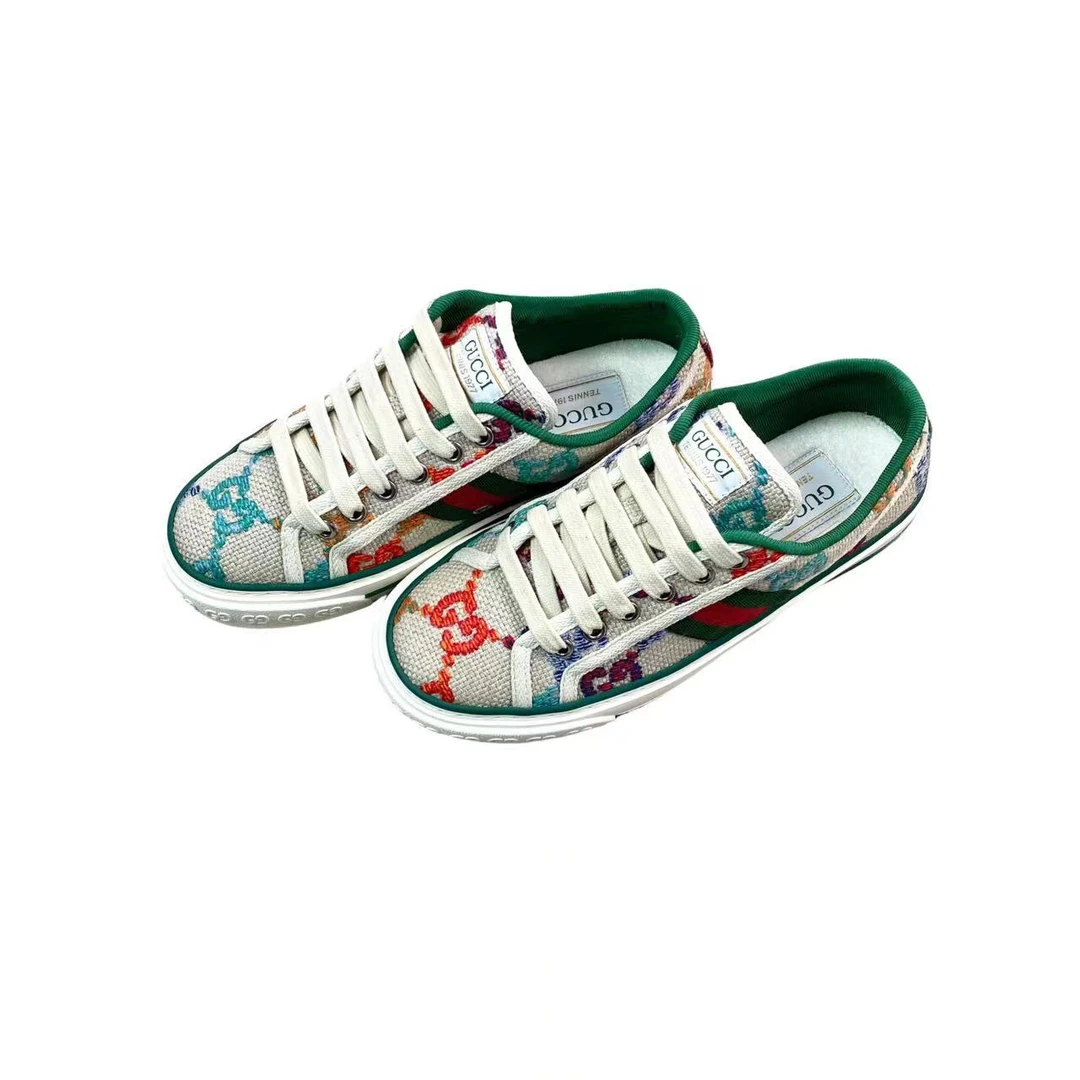 99新 GUCCI/古驰 yy370 tennis 1977系列彩色logo帆布鞋 35.5码