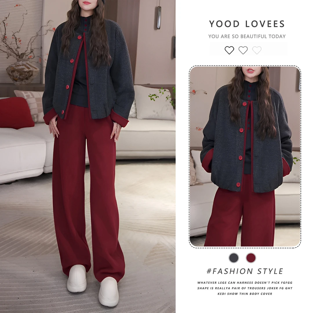 韩系设计感小香风毛呢套装女2025秋冬小个子宽松休闲阔腿裤两件套