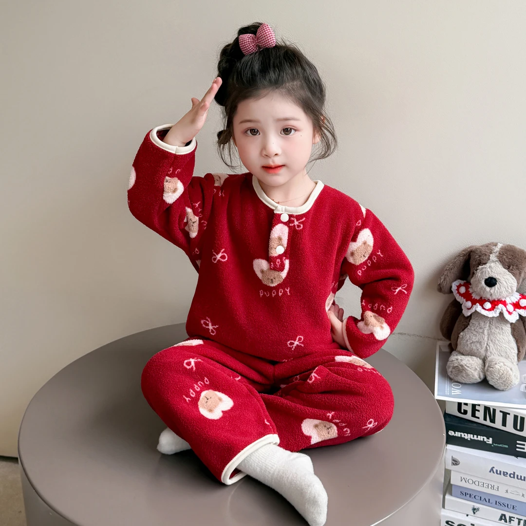 女童睡衣秋冬季法兰绒加厚法兰绒2025新款儿童家居服套装宝宝女孩