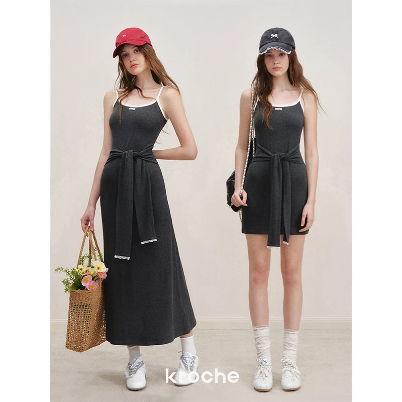 Kroche 25ss Blokette 系带叠穿 撞色假两件长款针织吊带连衣裙