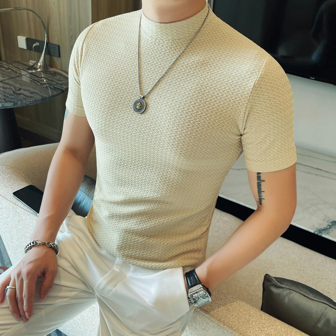 春夏时尚修身圆领波浪时尚T恤短袖纯色休闲痞帅百搭上衣弹力半袖