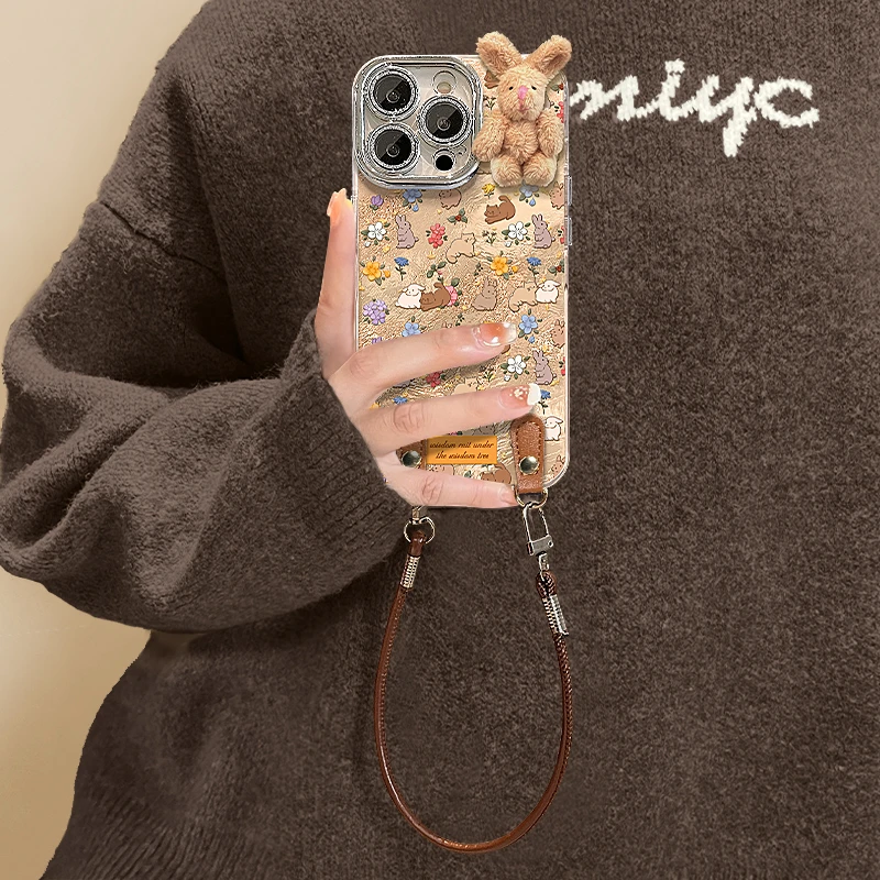 碎花兔子适用苹果17华为vivo/oppo小米iPhone16精孔冰川纹手机壳