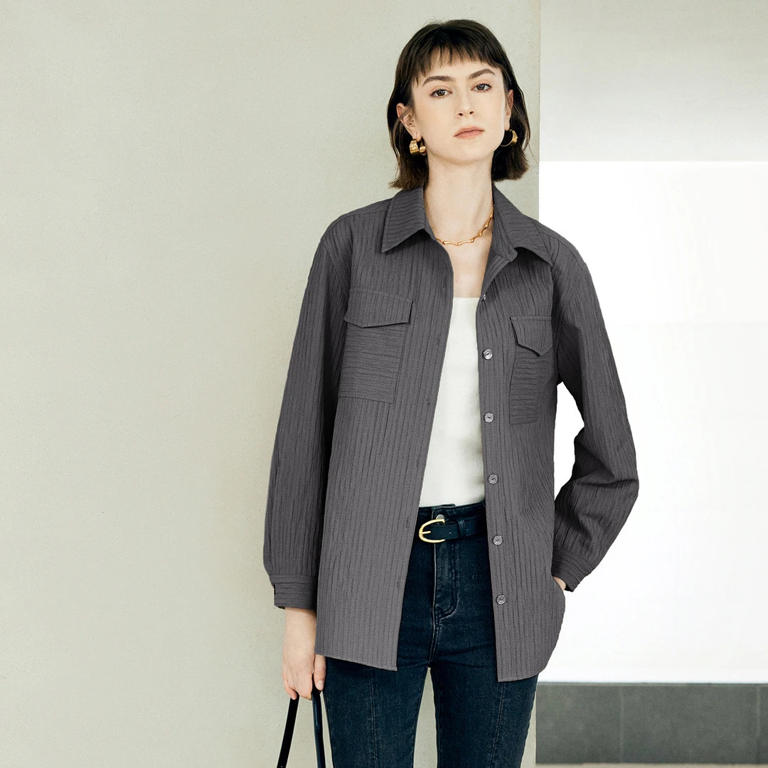 颜域简约休闲衬衫外套秋季复古长袖翻领上衣宽松衬衣00A412569