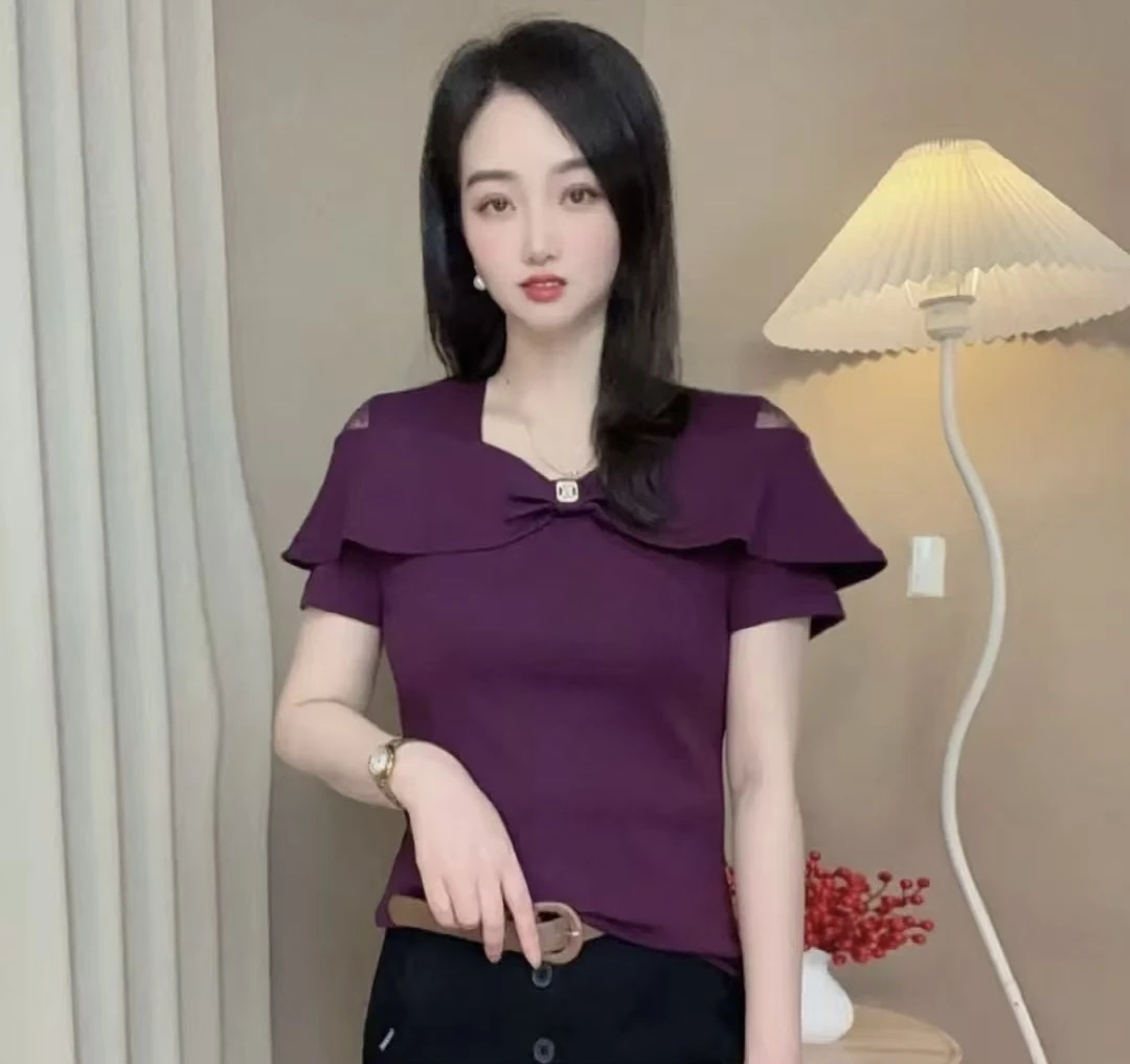 夏季新款时尚洋气设计感一字肩镂空短袖小衫气质百搭减龄显瘦上衣