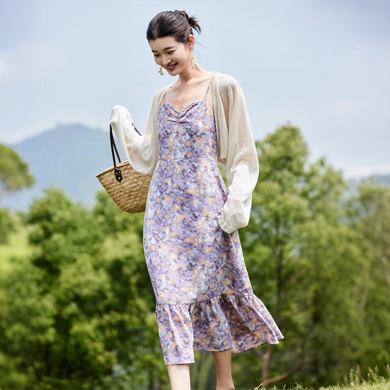 柒尺帛2025夏装新女士度假风气质显瘦拼接碎花裙Q52Z0029L