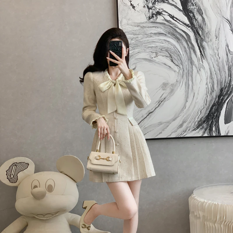 复古小香风长袖连衣裙女秋冬季短裙设计感小众小个子高端礼服裙子