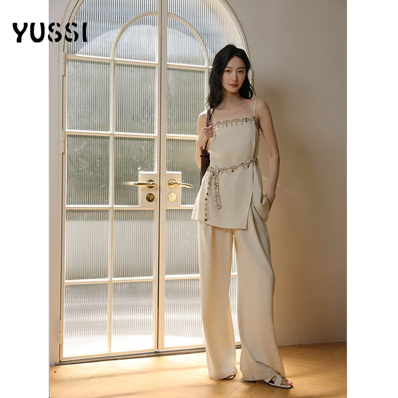 YUSSI 【罗马假日】度假风亚麻贝壳套装吊带阔腿裤显瘦夏季两件套