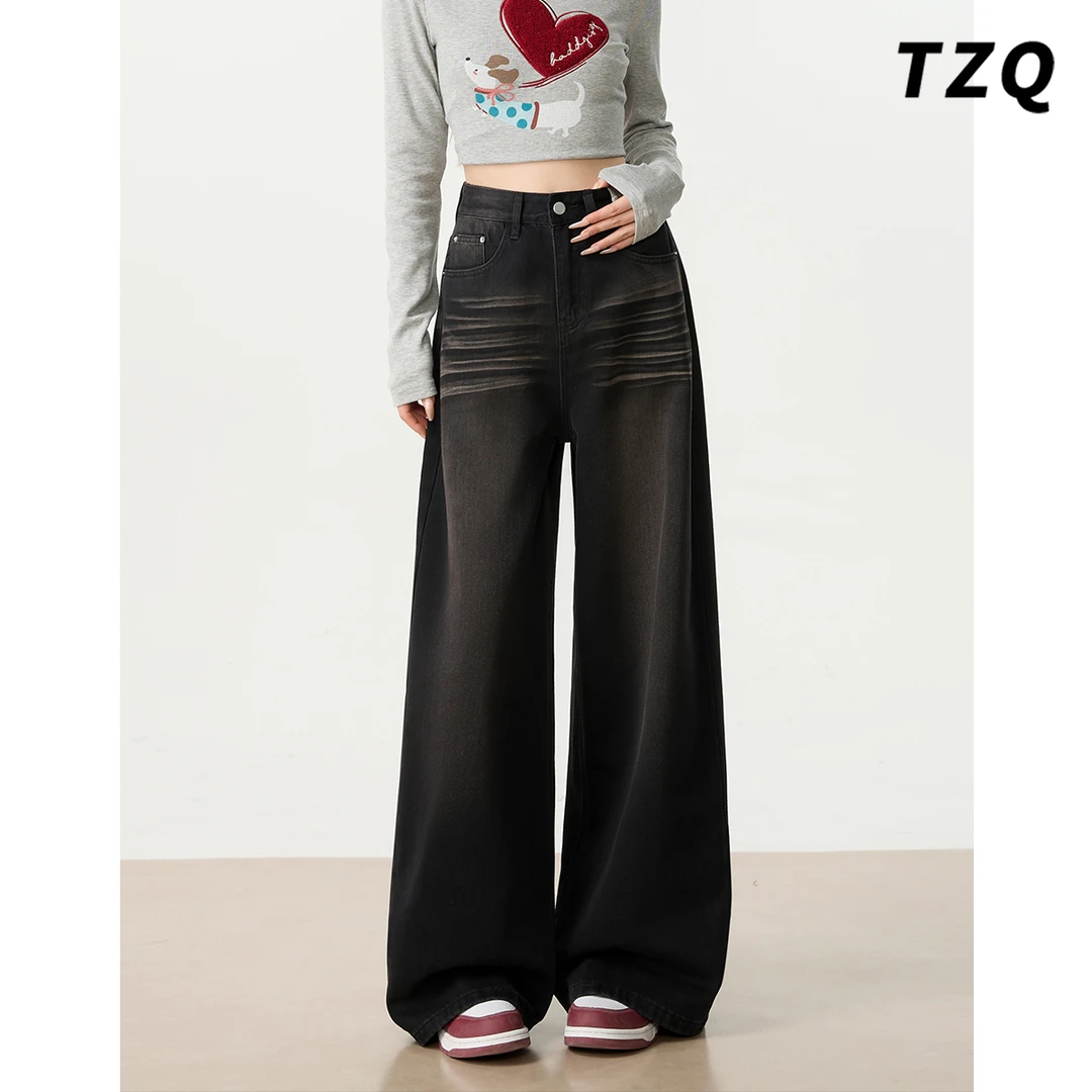 复古做旧阔腿牛仔裤女款爆款2025秋季黑色高腰宽松百搭慵懒拖地裤