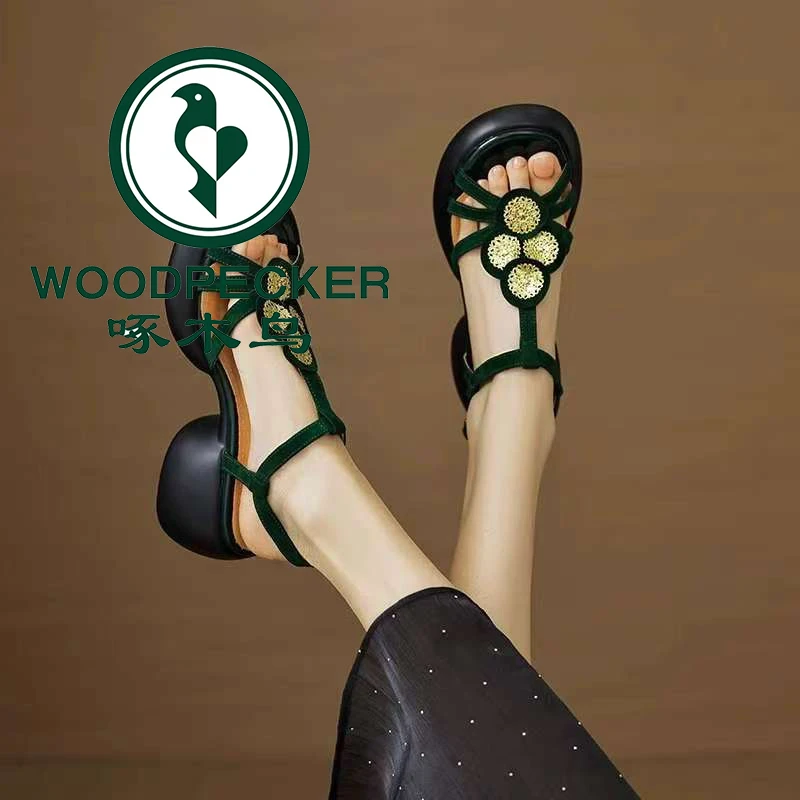 啄木鸟软皮配裙子凉鞋女2025新款夏季小众百搭厚底法式粗跟高跟鞋