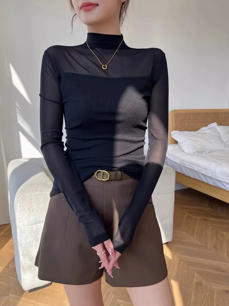 小妖精大码女装网纱不透长袖透气半高领T恤网红黑色显瘦拼接