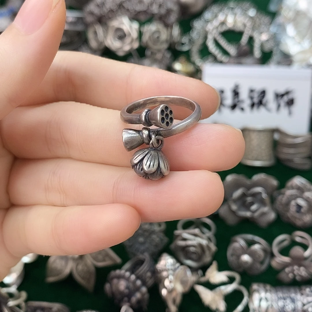 无合金925纯银莲蓬可调节戒指