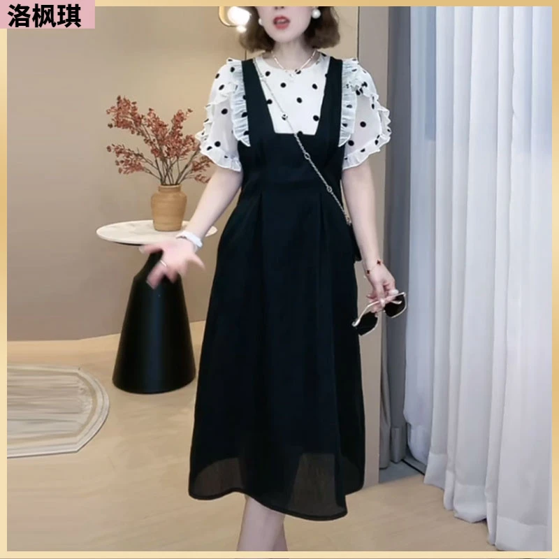 I法式气质假两件背带连衣裙女短袖夏季2025减龄洋气中长款裙子l