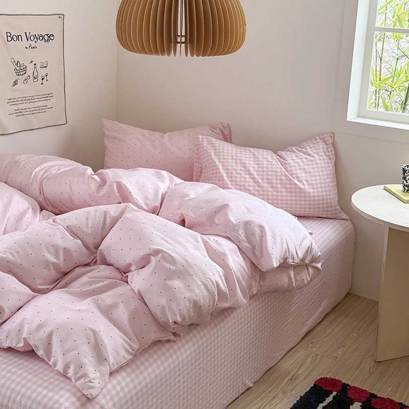 少女心多巴胺全棉水洗棉撞色四件套2025新款色织全棉水洗棉撞色