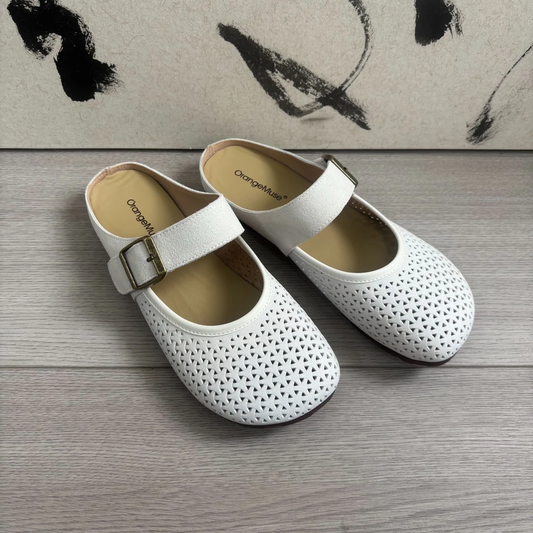 【橙庐】K808-13V羊皮镂空魔术贴平底凉拖鞋 猪皮里羊皮垫舒适时尚