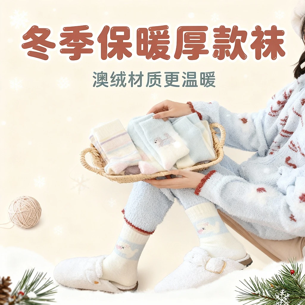 澳绒袜子女卡通狗狗中筒袜居家毛绒绒冬季保暖袜加厚睡眠袜月子袜