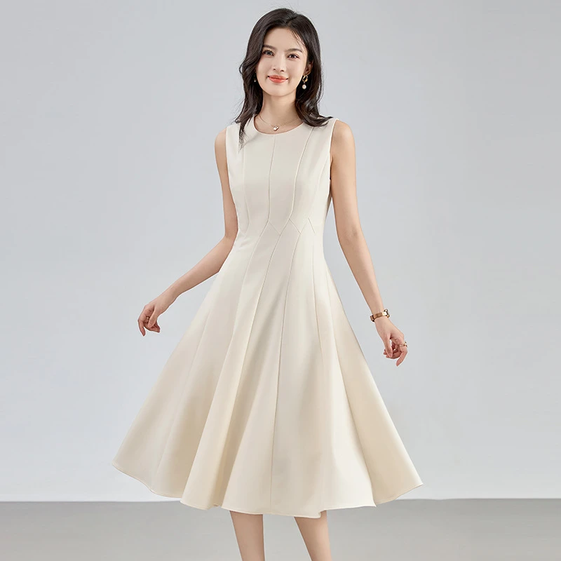 小众南油法式优雅无袖14片分割白色连衣裙设计感长裙收腰显瘦